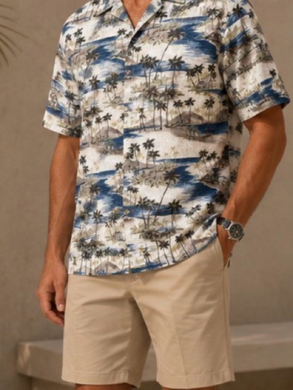 Pierre Cardin Vintage Style Blue  and White Tropical Palm Print SS Shirt XL